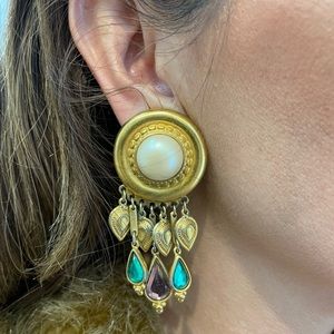 Vintage Large Gold Tone Clip on Earrings with colored crystals